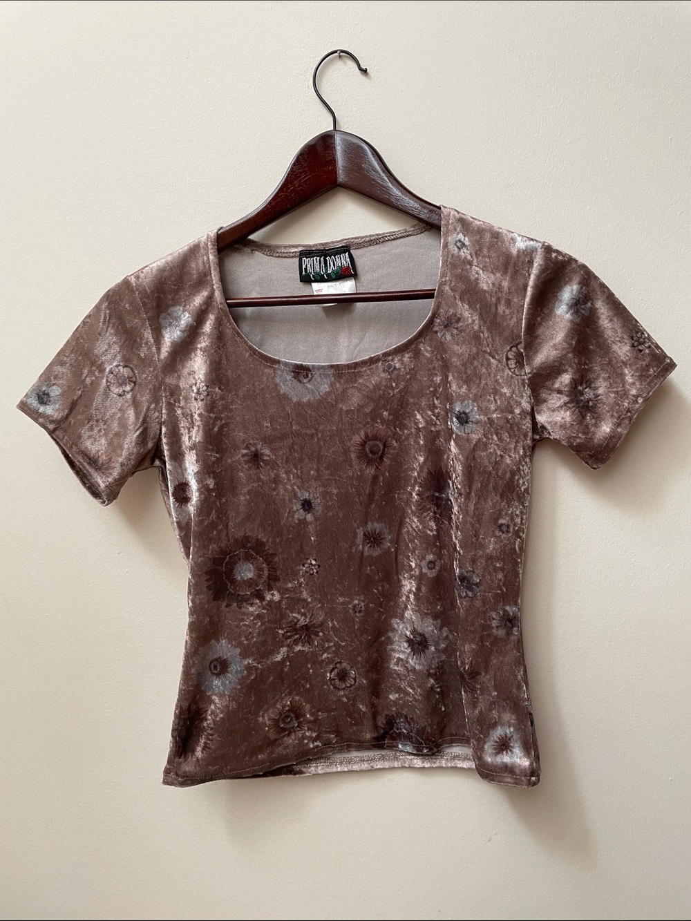 90s Vintage Prima Donna Chocolate Brown Velvet Scoop Neck Floral Print Tee